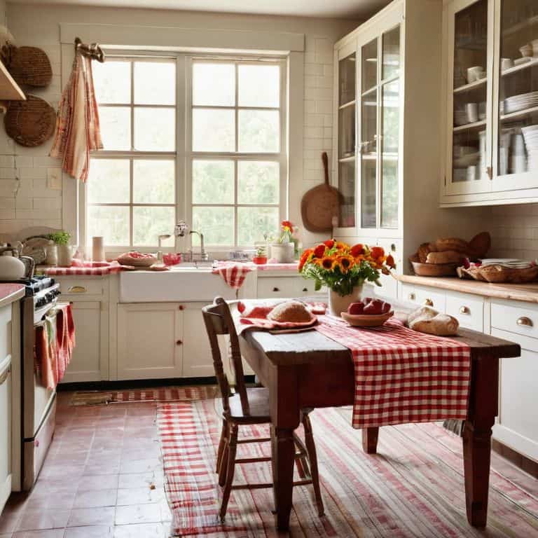 Cozy kitchen textiles in warm setting